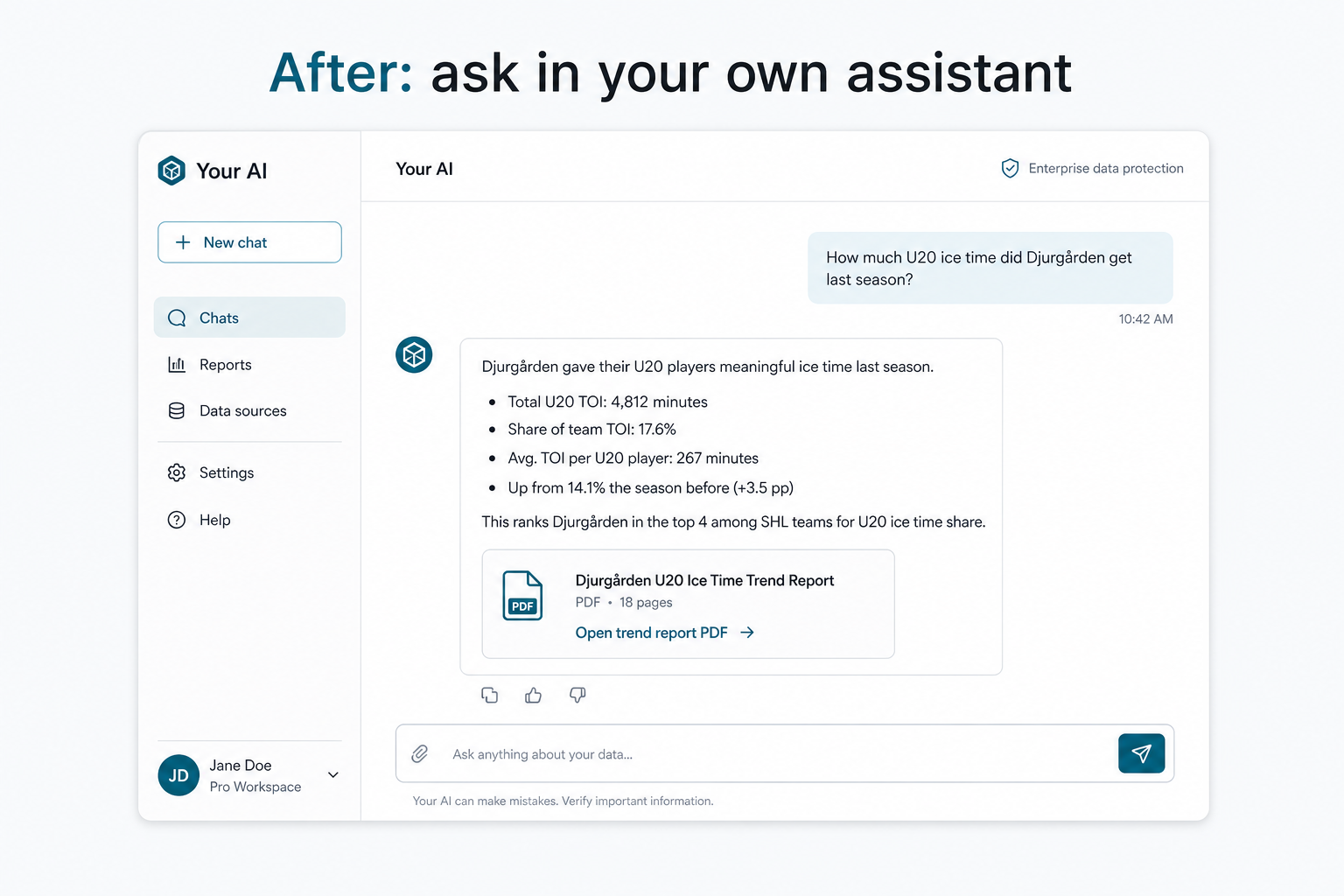 Chat with an AI assistant that returns a hockey answer and a report